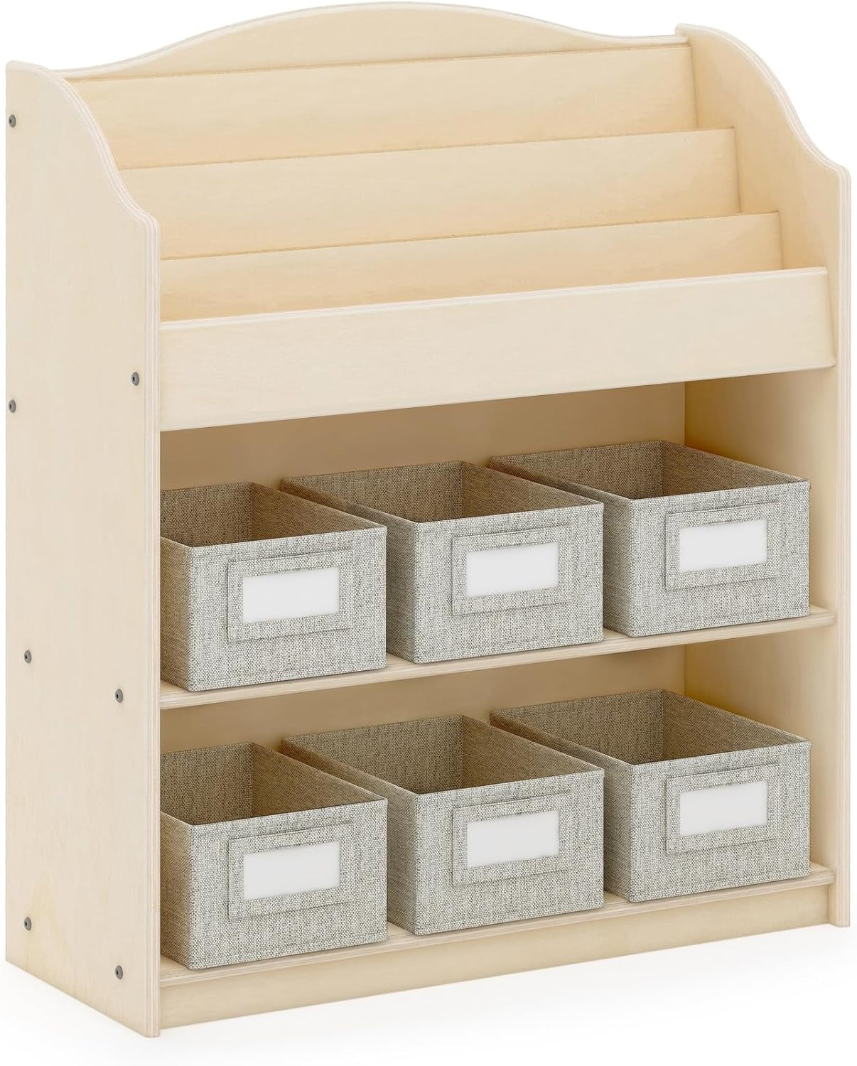 Edq Book and Bin Browser Natural: 6 Fabric Storage Bins, Book Display and Toy Storage Organizer for Kids; School Supply Furniture