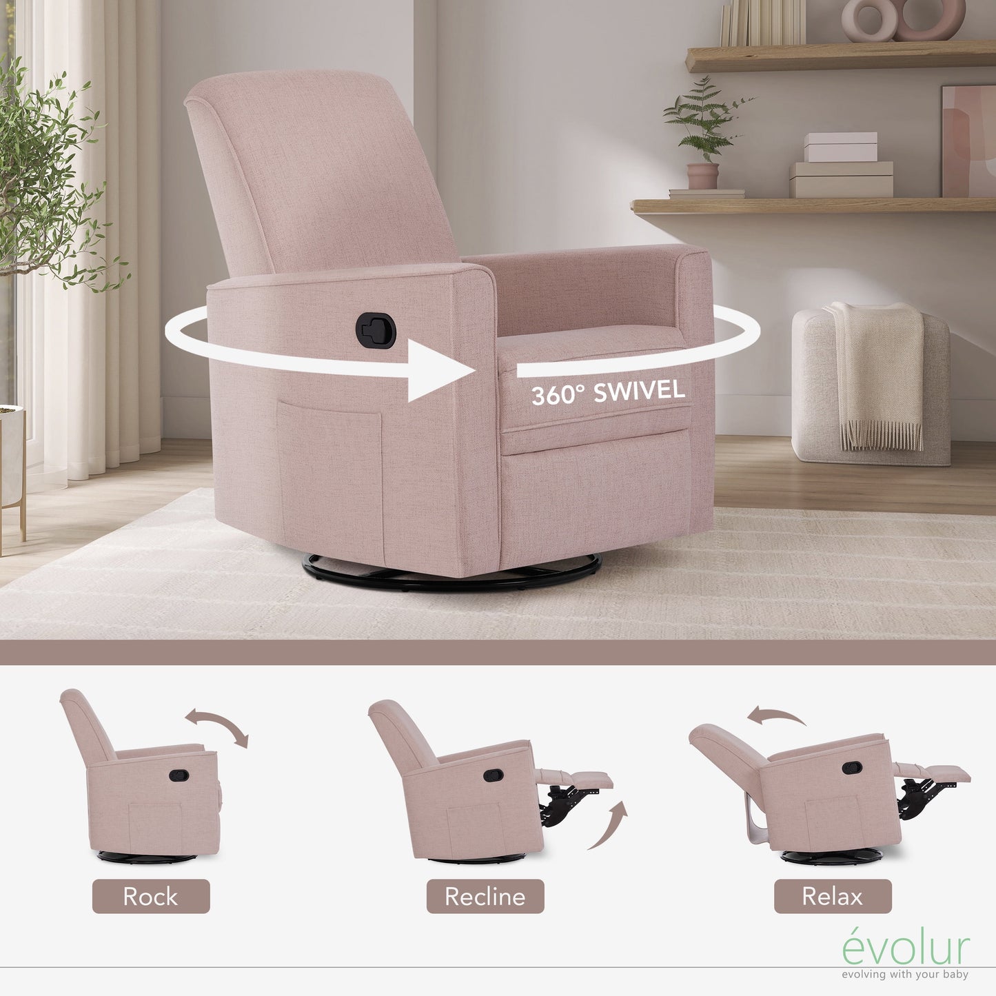 Raleigh Glider Recliner Rose with High Backrest Support, Durable Polyester Fabric