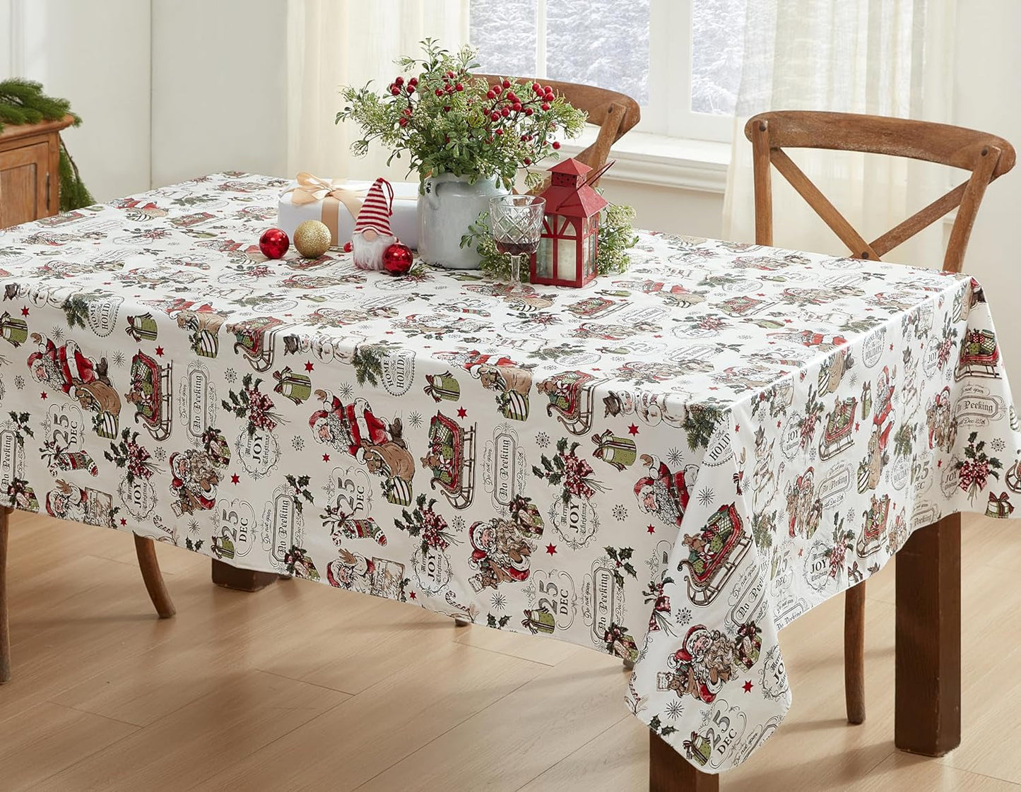 Vintage Nostalgia Home for Holidays Print Flannel Back Vinyl Christmas Tablecloth - Vintage Santa Claus, Snowman and Sleigh Xmas Wipe Clean Easy Care Tablecloth, 60” X 120” Oblong/Rectangle
