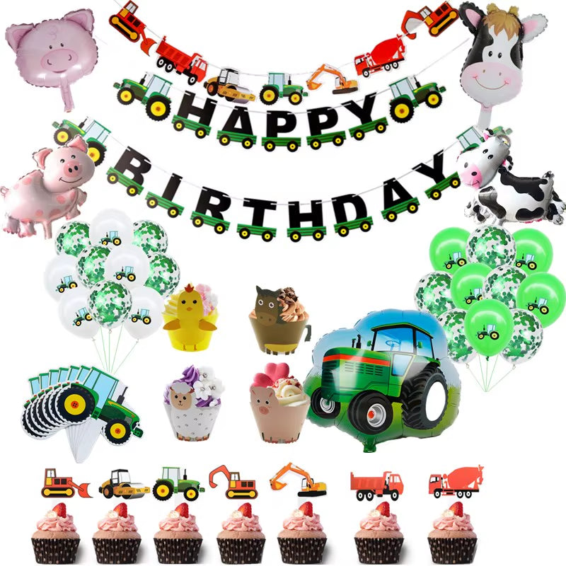 Farm Theme Green Tractor Inflatable Balloons Cake Topper Happy Birthday Party Decoration Kids Birthday Excavator Vehicle Banner
