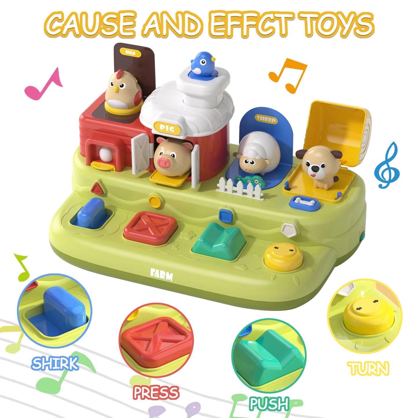 Baby Toys for 12 24 Months, Montessori Cause and Effect Toys, Musical Farm Toys, Learning Toys for 1 2 3 Year Old Girls Boys