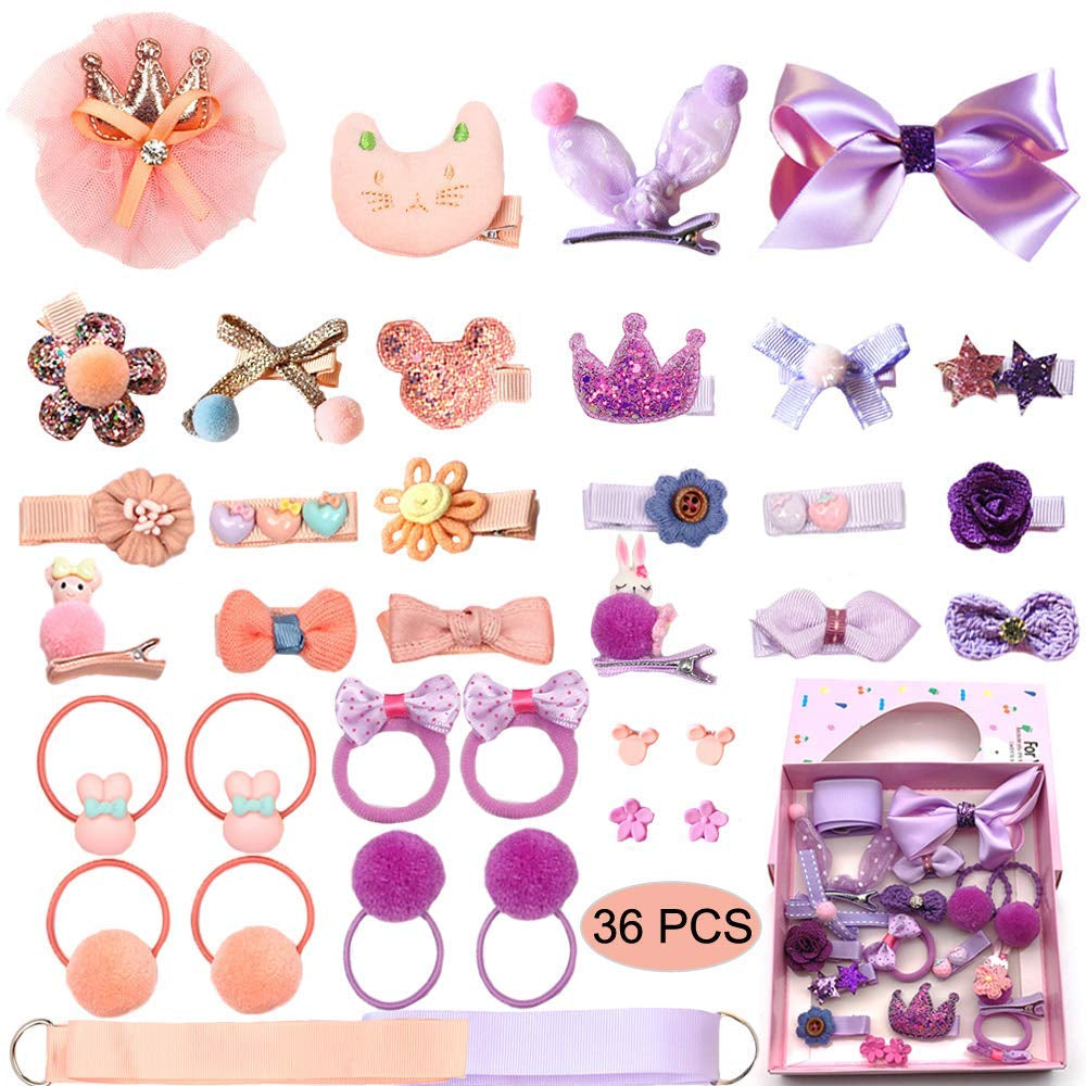Baby Girl'S Hair Clips Cute Hair Bows Baby Elastic Hair Ties Hair Accessories Ponytail Holder Hairpins Set for Baby Girls Teens Toddlers, Assorted Styles, 36 Pieces Pack(Pink+Grey)