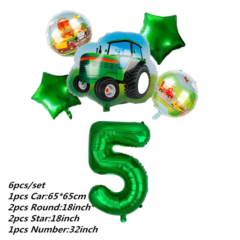 Farm Theme Green Tractor Inflatable Balloons Cake Topper Happy Birthday Party Decoration Kids Birthday Excavator Vehicle Banner