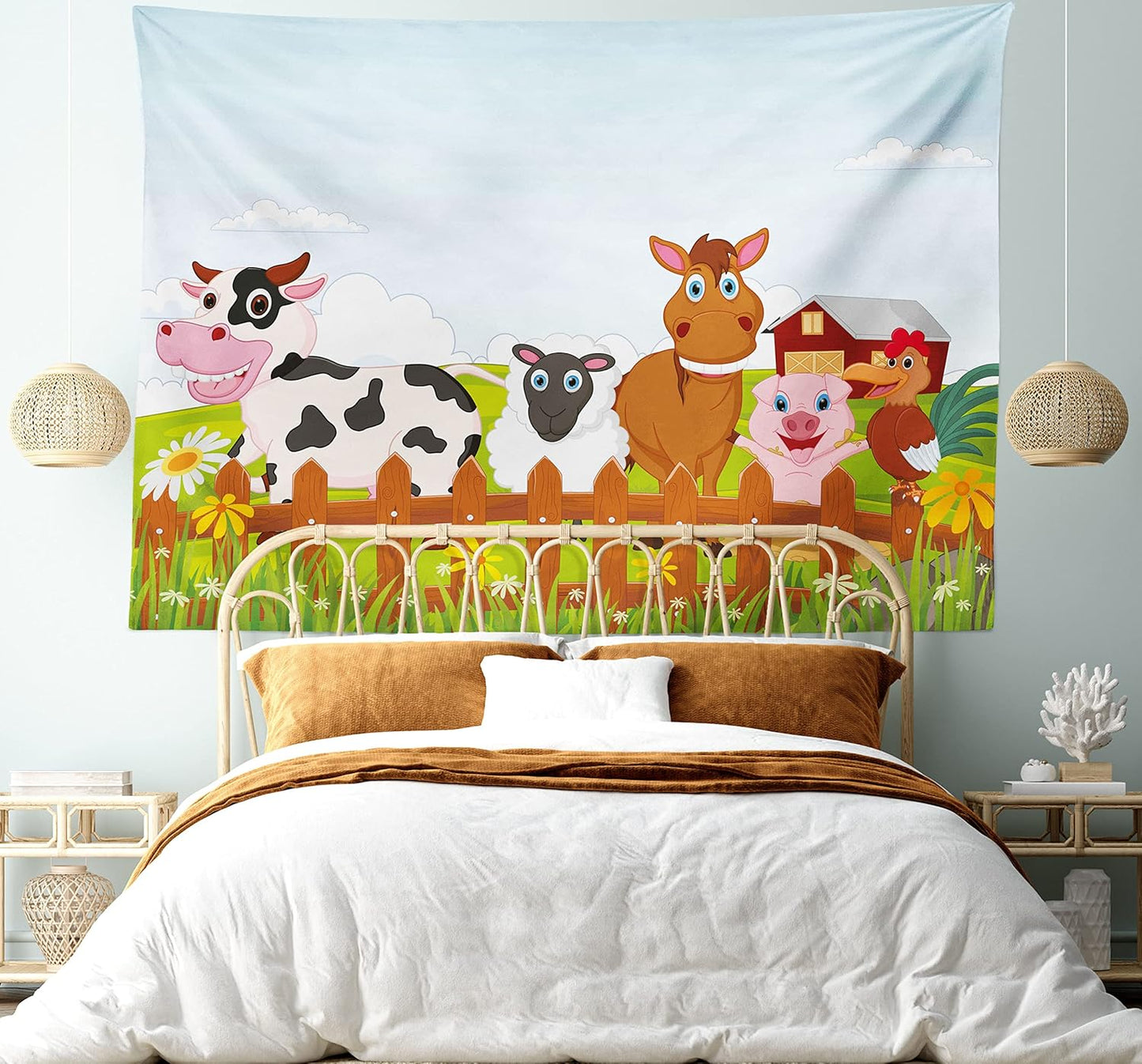 Animal Tapestry King Size, Farm Creatures Cow Horse Goat Pig and Chicken by the Fences Cartoon, Wall Hanging Bedspread Bed Cover Wall Decor, King Size, Pale Brown