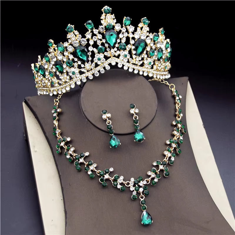 Luxury Crystal Bridal Jewelry Sets for Women Pink Tiaras Necklaces Earrings Set Bride Wedding Dress Birthday Crown Set Accessory