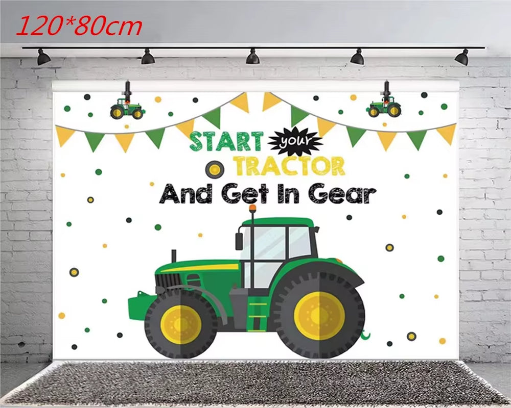 Farm Theme Green Tractor Inflatable Balloons Cake Topper Happy Birthday Party Decoration Kids Birthday Excavator Vehicle Banner