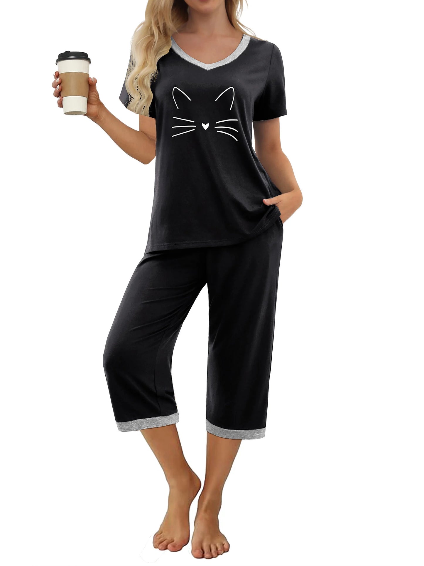 Women'S Pajama Sets Short Sleeve Shirt and Capri Soft Pajama Sets with Pockets