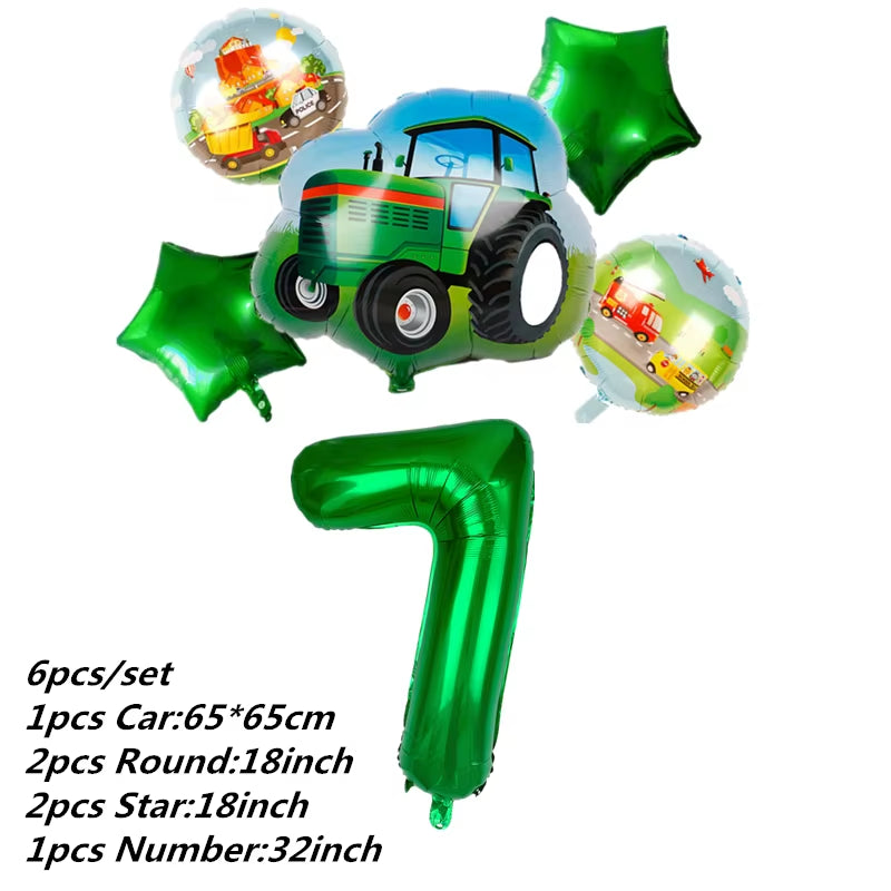 Farm Theme Green Tractor Inflatable Balloons Cake Topper Happy Birthday Party Decoration Kids Birthday Excavator Vehicle Banner