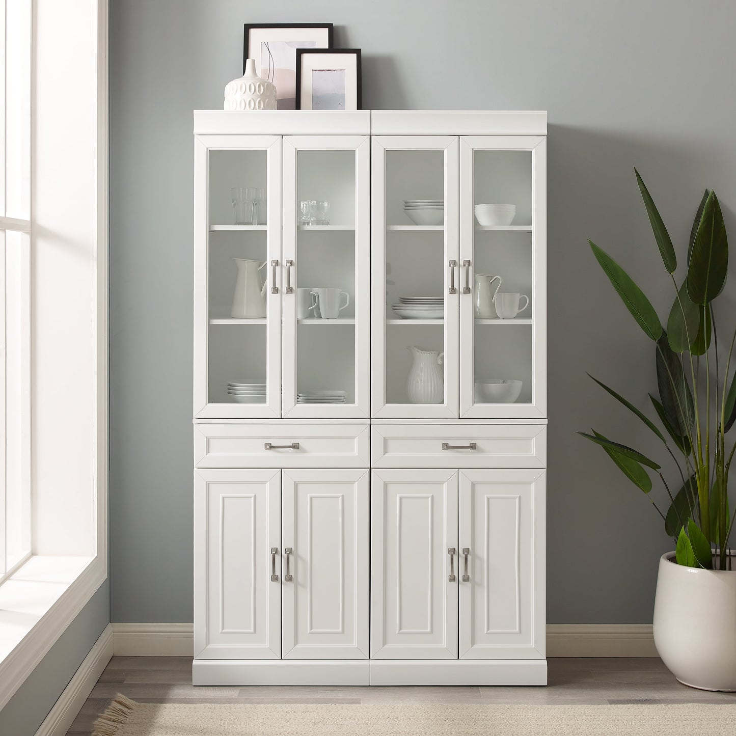 Stanton Wood Pantry with Glass Door in White (Set of 2)