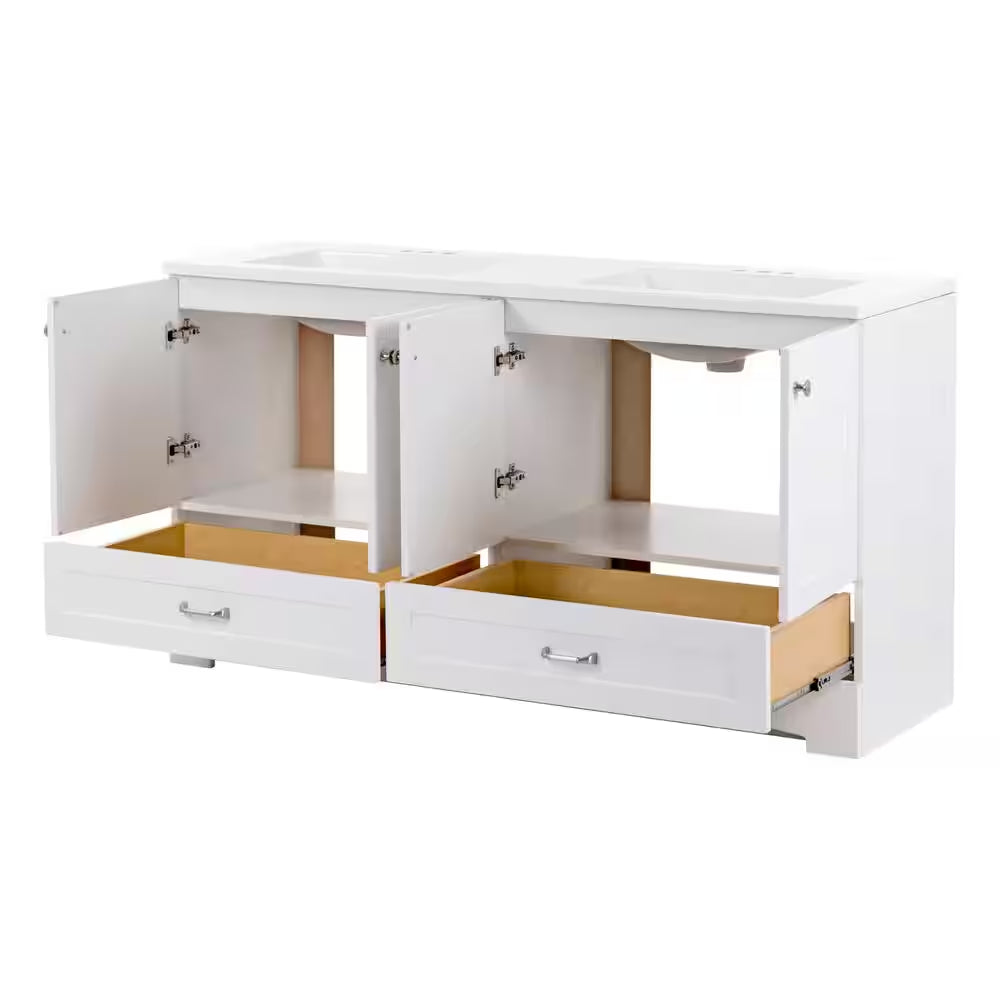 Lancaster 61 In. Double Sink White Bath Vanity with White Cultured Marble Top (Assembled)