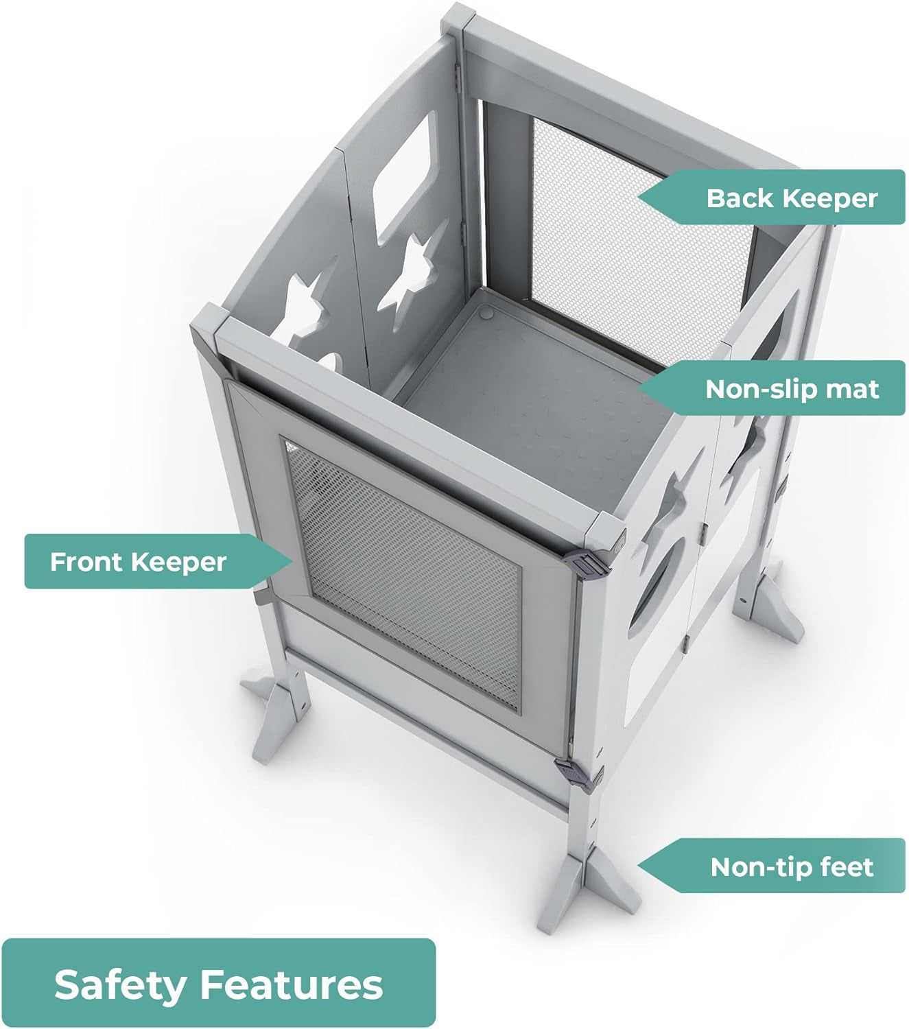 Classic Kitchen Helper® Toddler Tower - Gray: Folding, Adjustable Height, Learning Step Stool for Kids, W/Chalkboard | Montessori Collapsible Safety Non-Slip Platform