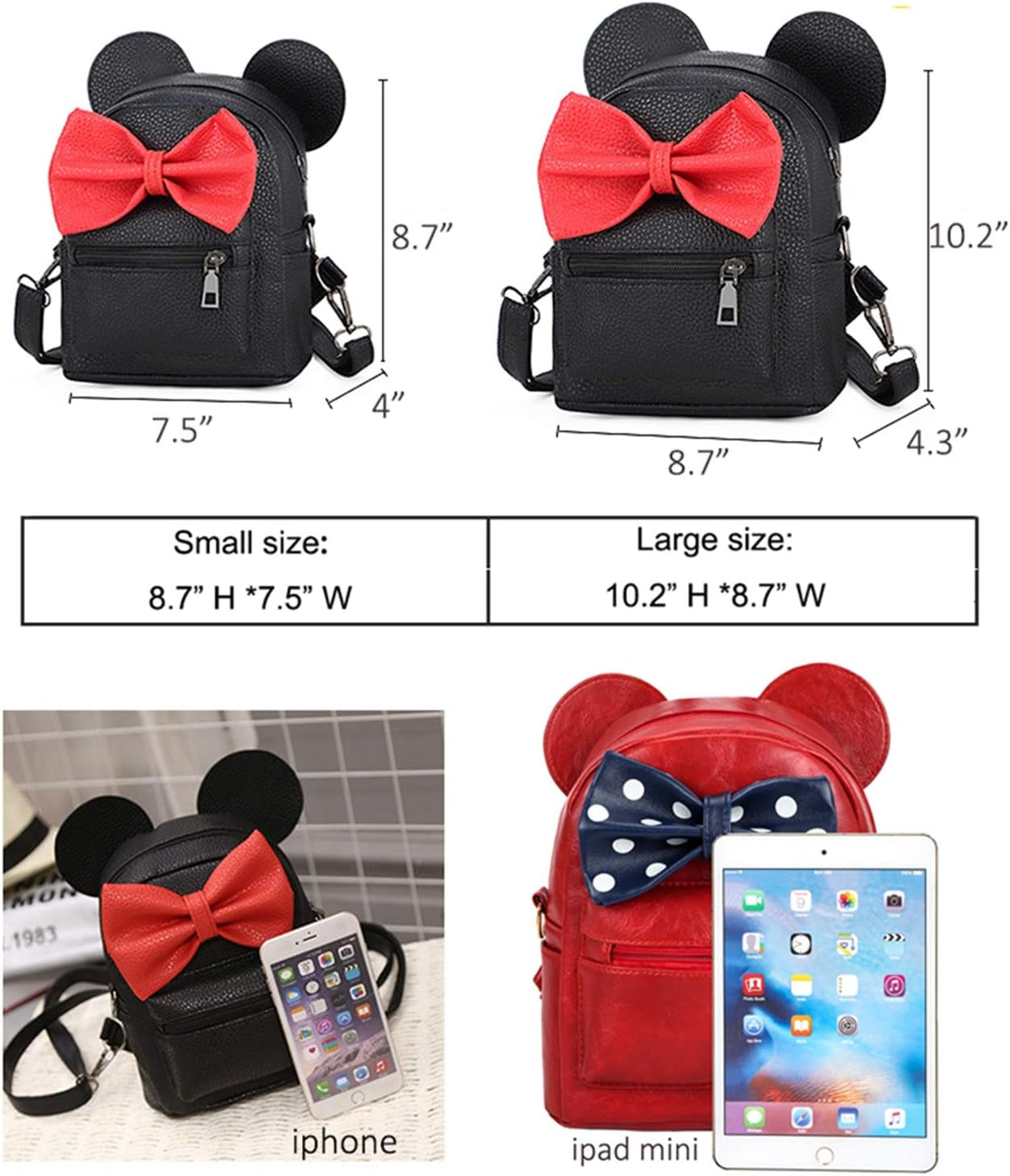 Girls Mini Backpack Purse Mouse Ear Polka-Dot Sequin Bow Convertible Backpack to Crossbody Bag for Women (Black Sequin Bow, W7.5 X H8.7)