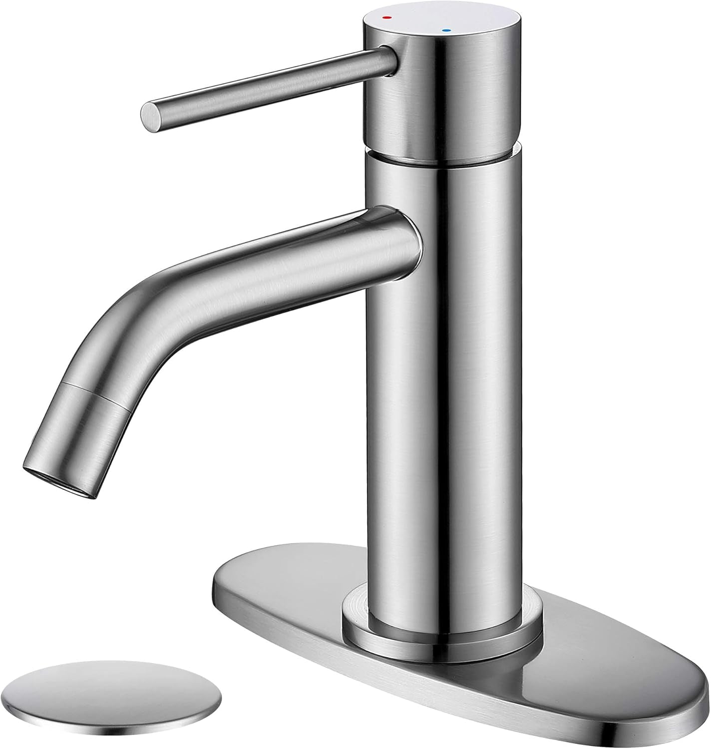 Brushed Nickel Single Hole Bathroom Faucets Single Handle, Brushed Bathroom Vanity Sink Faucet with Pop up Drain Assembly and 6 Inch Deck Plate