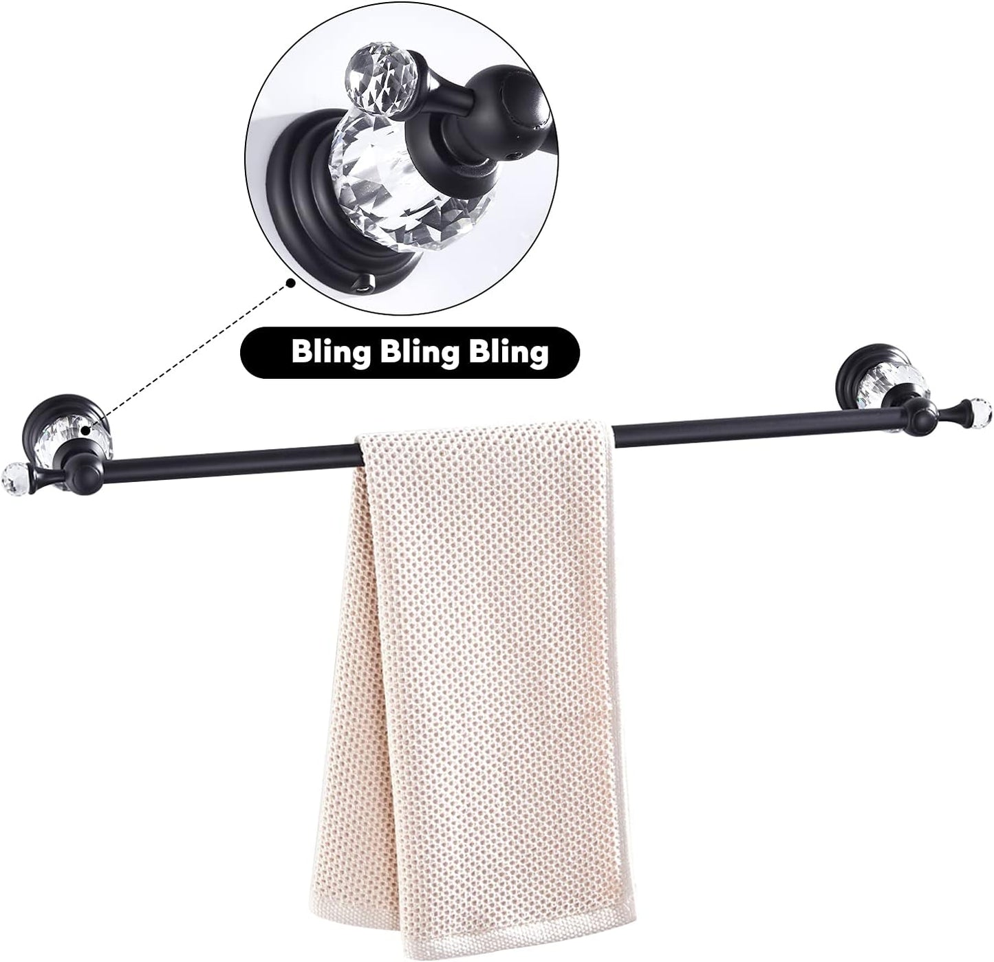 Crystal Bathroom Hardware, Matte Black Bathroom Accessories Set Towel Bar Toilet Paper Holder Towel Ring Coat Hooks 4 Pieces