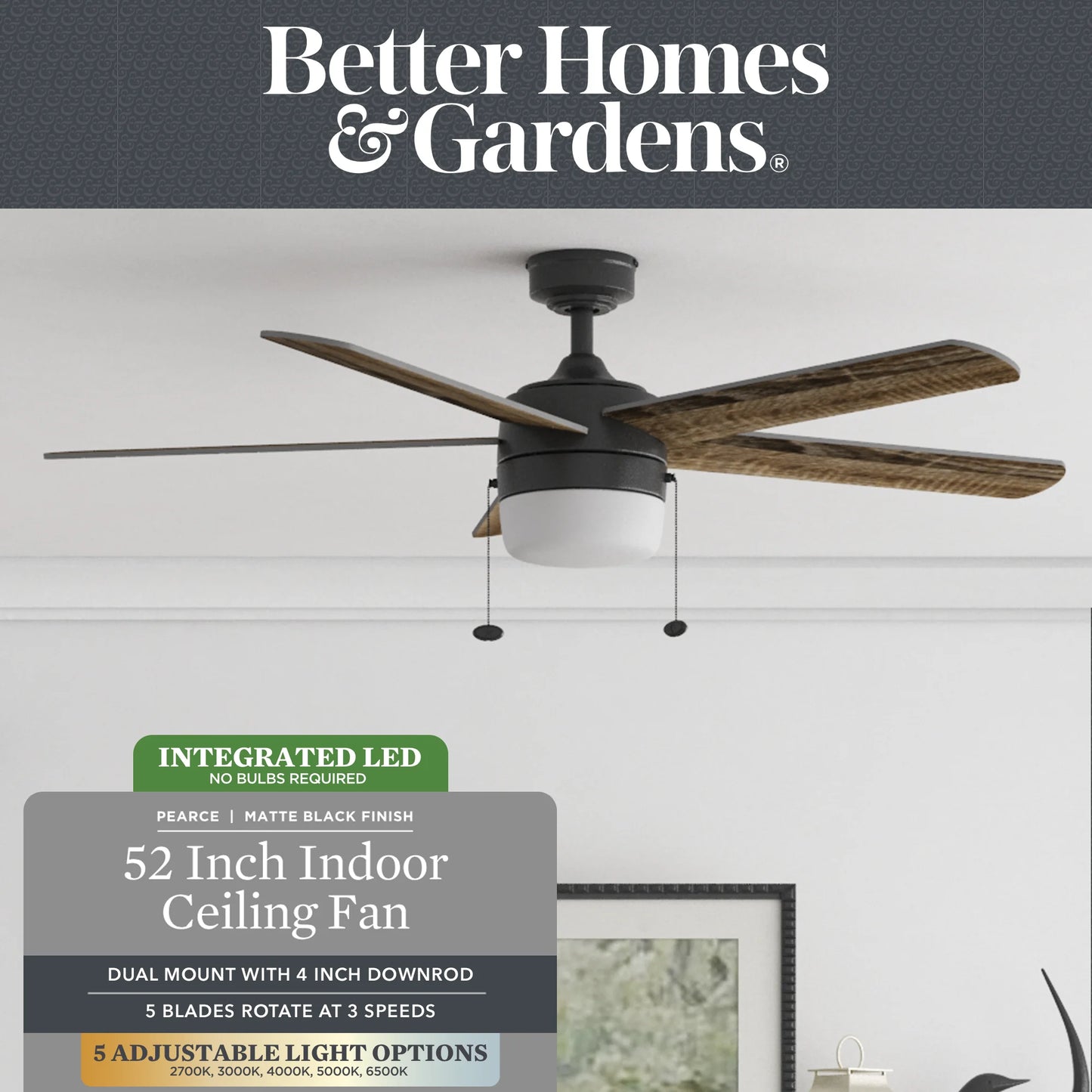 52" Pearce Modern Black Indoor Ceiling Fan with Light, Adjustable Color Temperature & Reverse Airflow