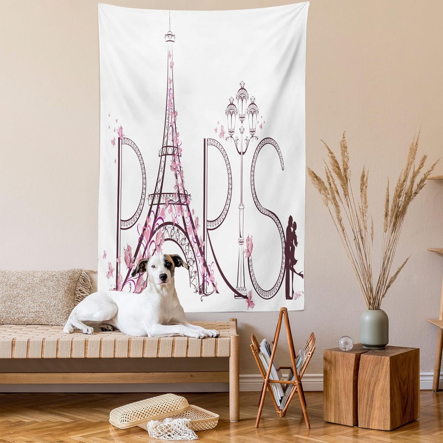 Paris Tapestry, Tower Eiffel with Paris Lettering Couple Trip Flowers Floral Design Print, Wall Hanging for Bedroom Living Room Dorm Decor, 40" X 60", Pink Plum