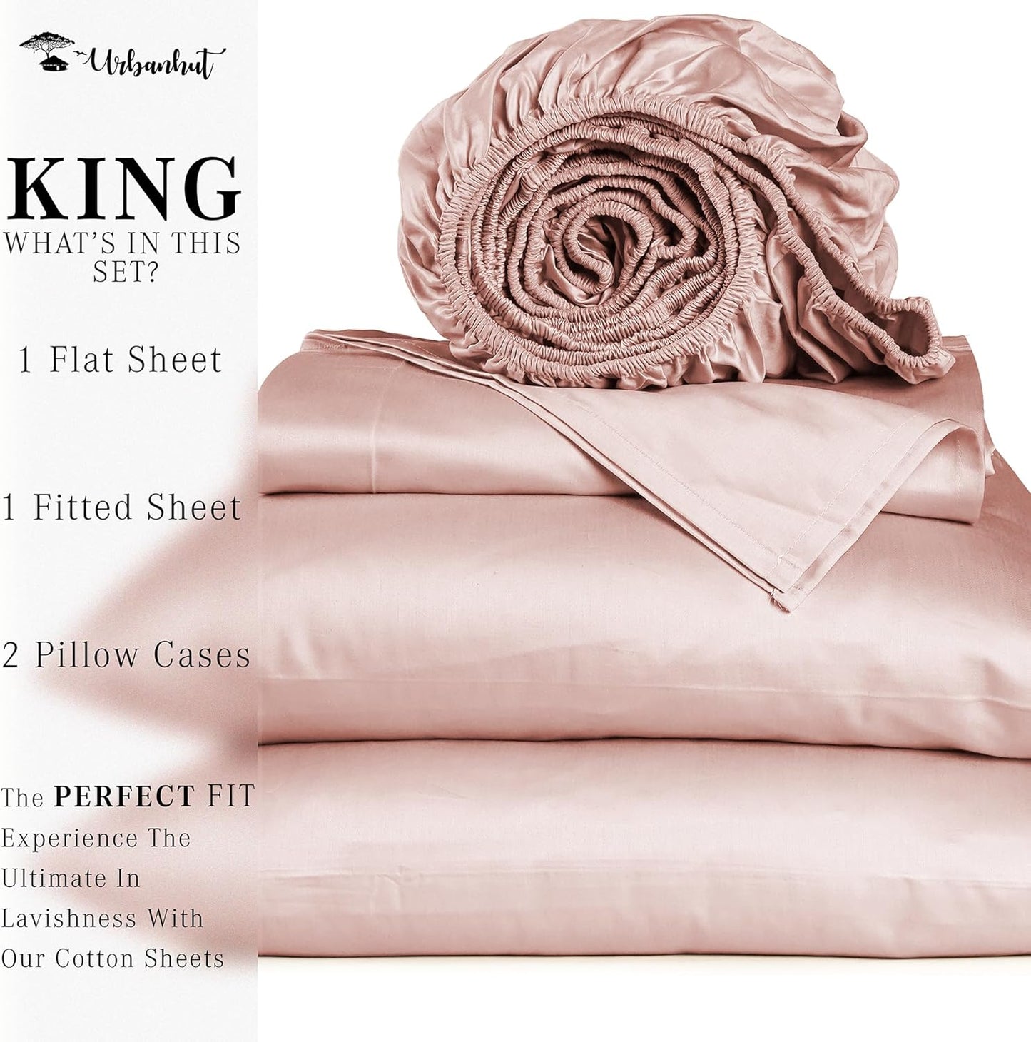1000 Thread Count Egyptian Cotton King Sheets, Long Staple Soft & Breathable, 4 Pc Bed Sheet Sets, Luxury Hotel Sateen Sheets Fits 16" Deep Pocket - Blush Pink