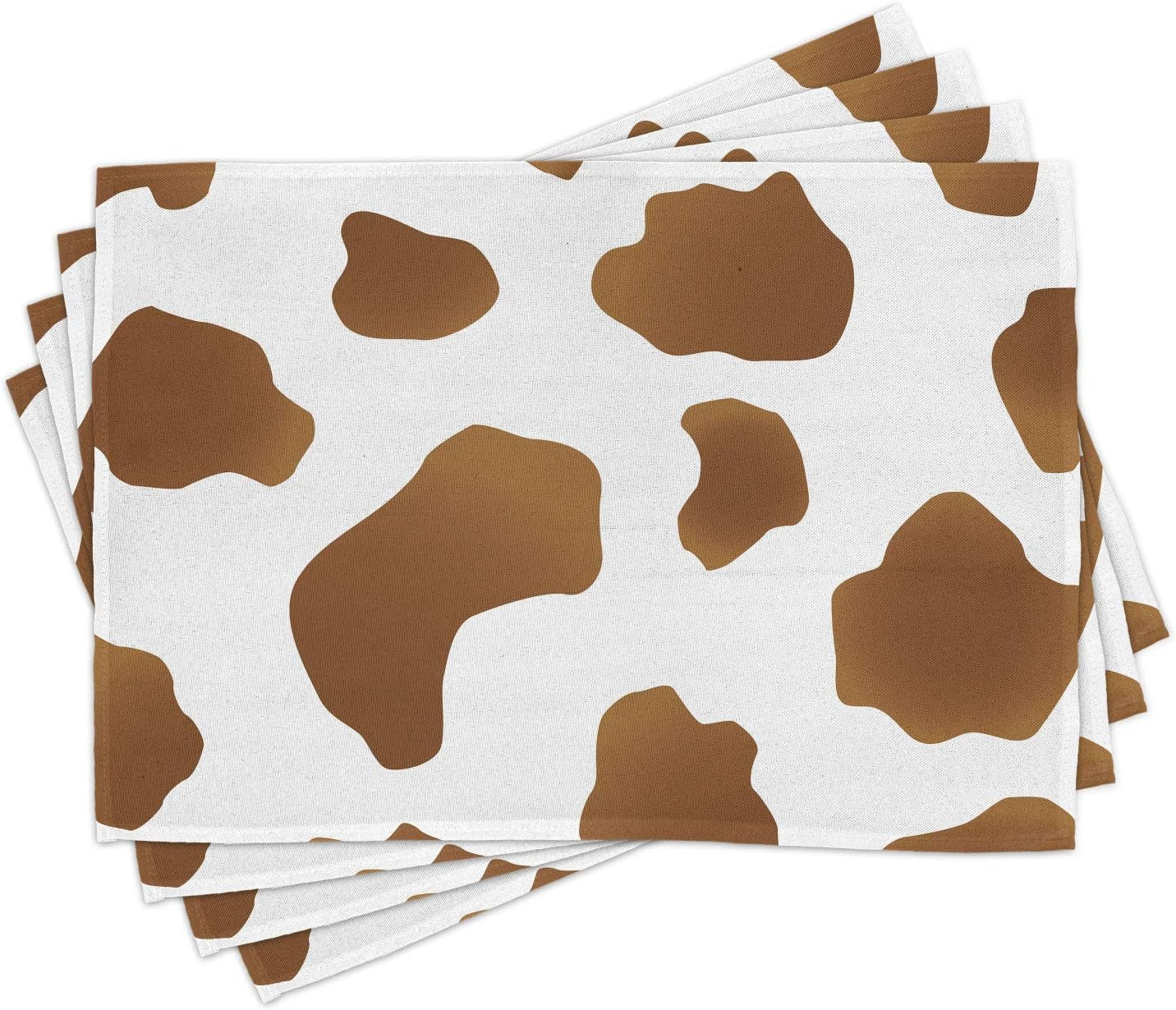 Cow Print Place Mats Set of 4, Brown Spots on a White Cow Skin Abstract Art Cattle Fur Farm Animals Cowboy Barn, Washable Fabric Placemats for Dining Table, Standard Size, White Brown