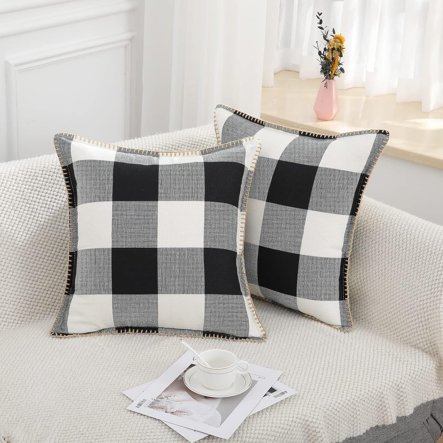 Buffalo Plaid Check Spring Throw Pillow Covers 20X20 Set of 2, Outdoor Decorative Farmhouse Pillow Covers with Stitched Edge for Bed Couch Sofa, Black and White