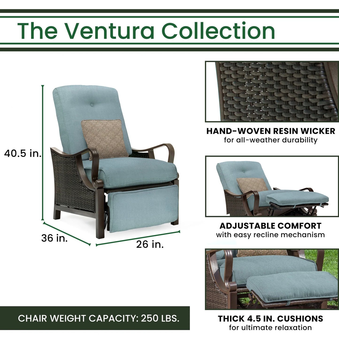 Ventura Steel Outdoor Patio Woven Luxury Recliner with Brown Wicker, Ocean Blue Cushions and Pillow, VENTURAREC-BLU