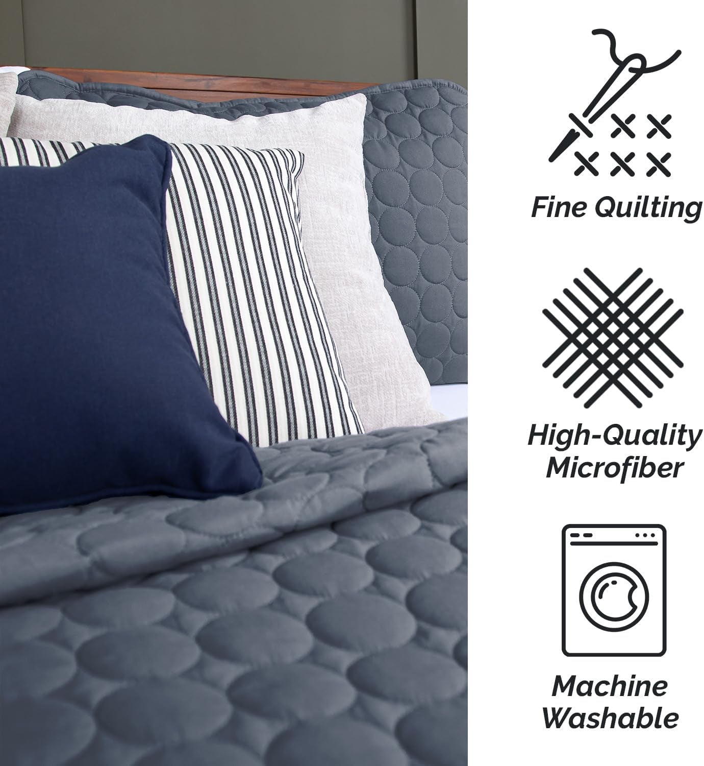 Full/Queen Quilt Bedding Set with 2 Quilted Pillow Shams, Circle Stitched Full Size Bedspread, Lightweight Blue Quilt Coverlet Queen Size, Steel Blue
