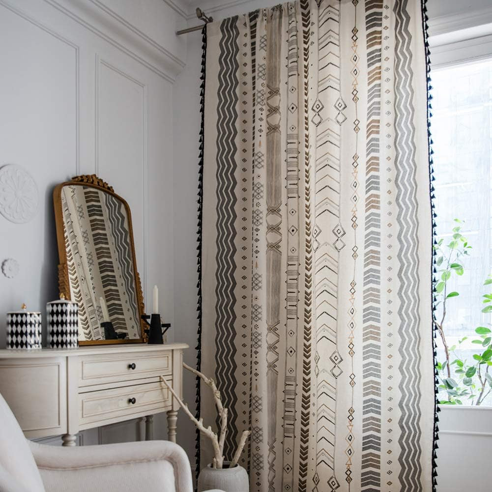 Boho Curtains 2 Panels Geometric Light Filtering Semi-Blackout Window Cotton Linen Patterned Western Curtains with Black Tassel Rod Pocket Drapes for Living Bedroom, 59W X 63L Inch, 1 Pair