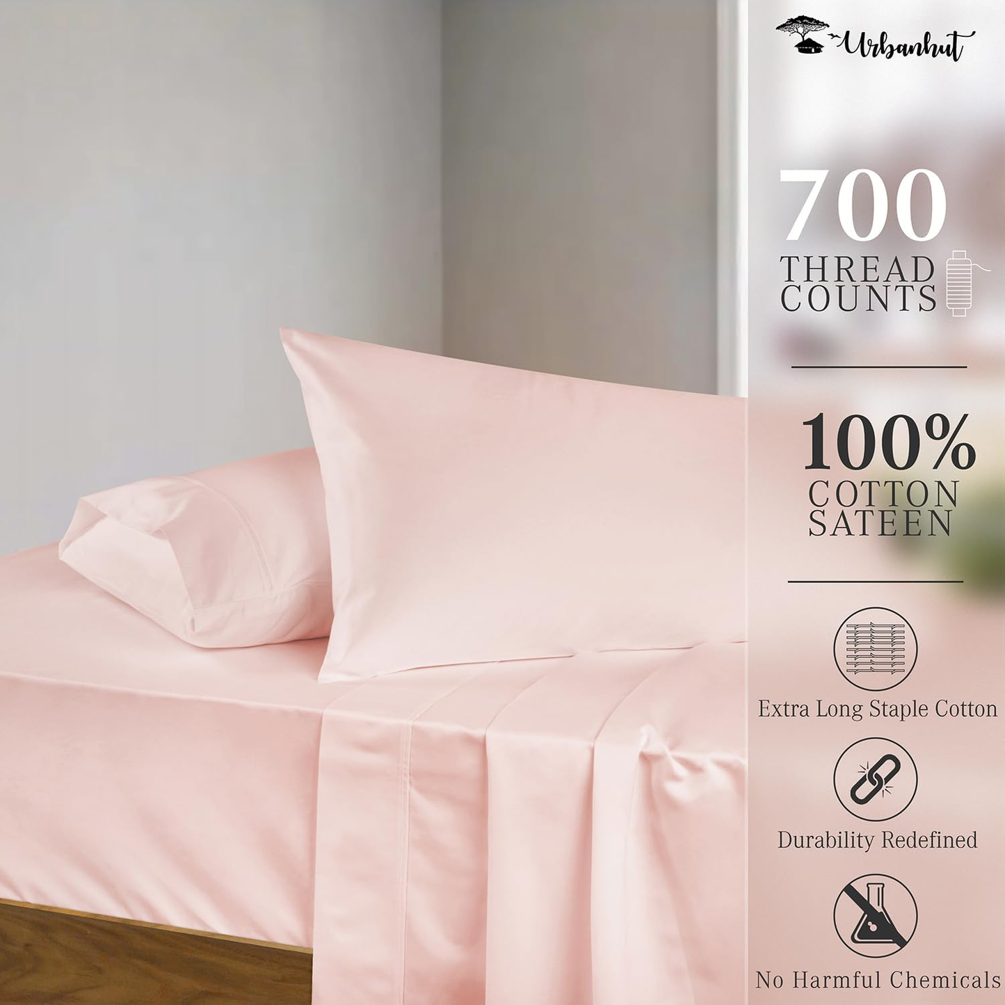 700 Thread Count King Size Egyptian Cotton Sheets, 4Pc Sheet Set Soft Luxury Bed Sheets for King Size Bed, Sateen Weave Hotel Sheets, 16'' Elasticized Deep Pocket - Blush Pink