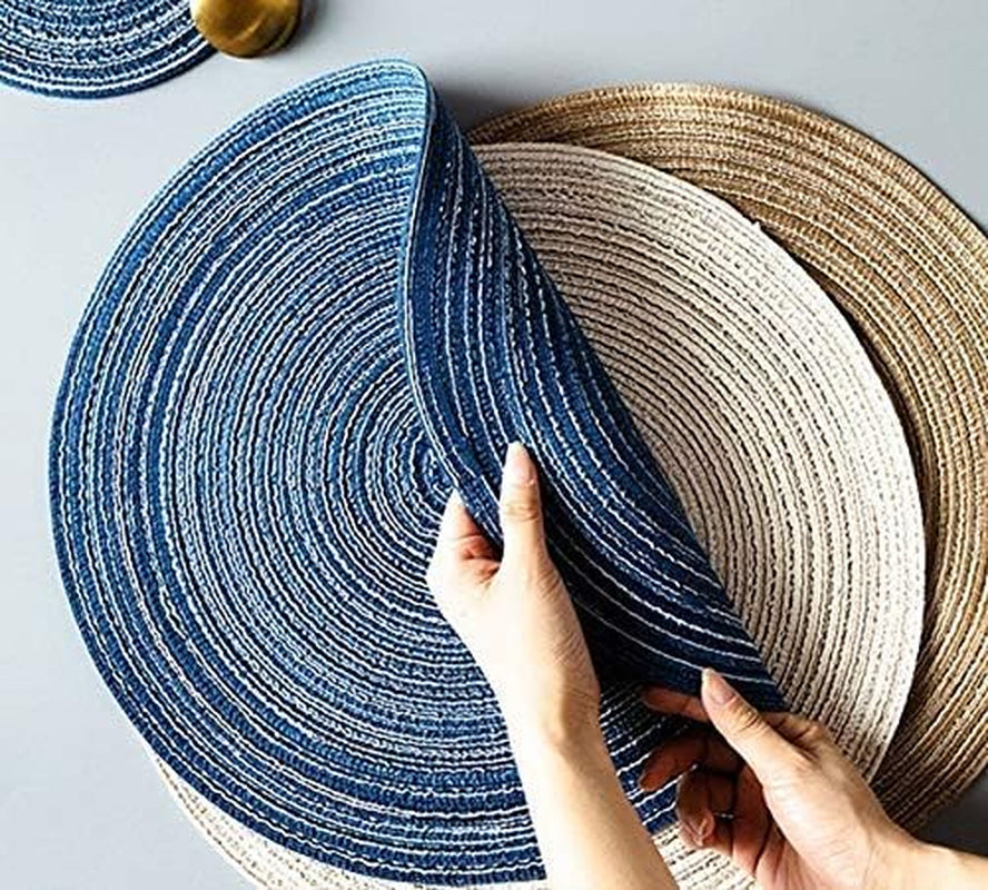 15Inch round Placemats Farmhouse Boho Placemats Cloth Placemat Rustic Woven Placemats for Dining Table Set of 6 Circle Placemats Linen Braided Placemats Washable Outdoor Blue Table Mats