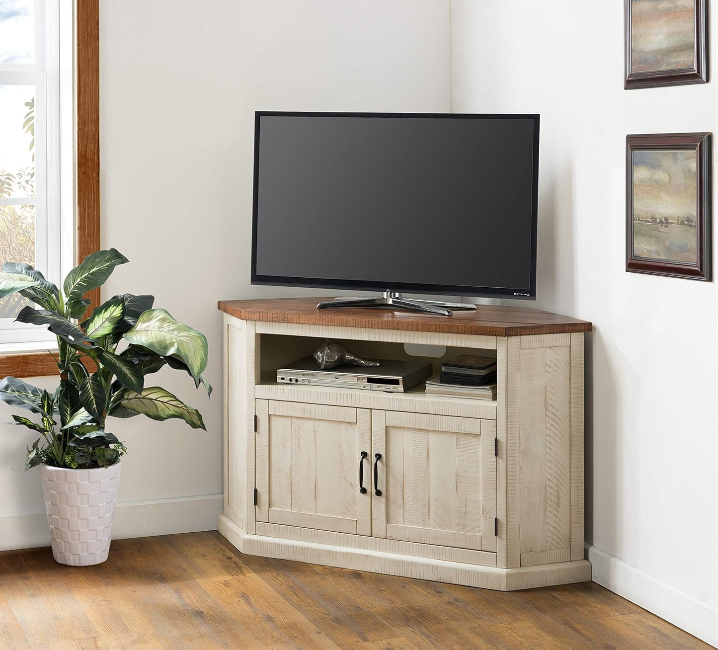 Martin Svensson Rustic Solid Wood TV Stand - Antique White and Honey Tobacco Finish - Hexagonal Shape and Farmhouse Design Entertainment Center with Shelves Included