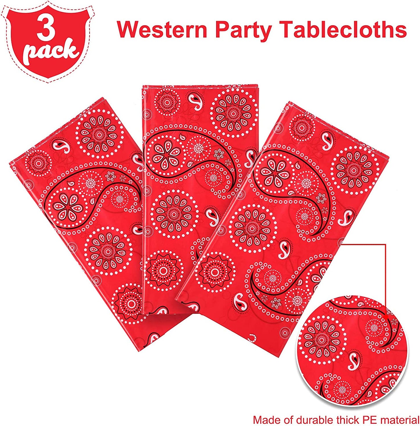Western Party Tablecloth Paisley Table Cover Bandana Plastic Table Cloth Rectangle Floral Tablecloth for Western Cowboy Themed Party Decorations, 108 X 54 Inches (Red, 3 Pack)