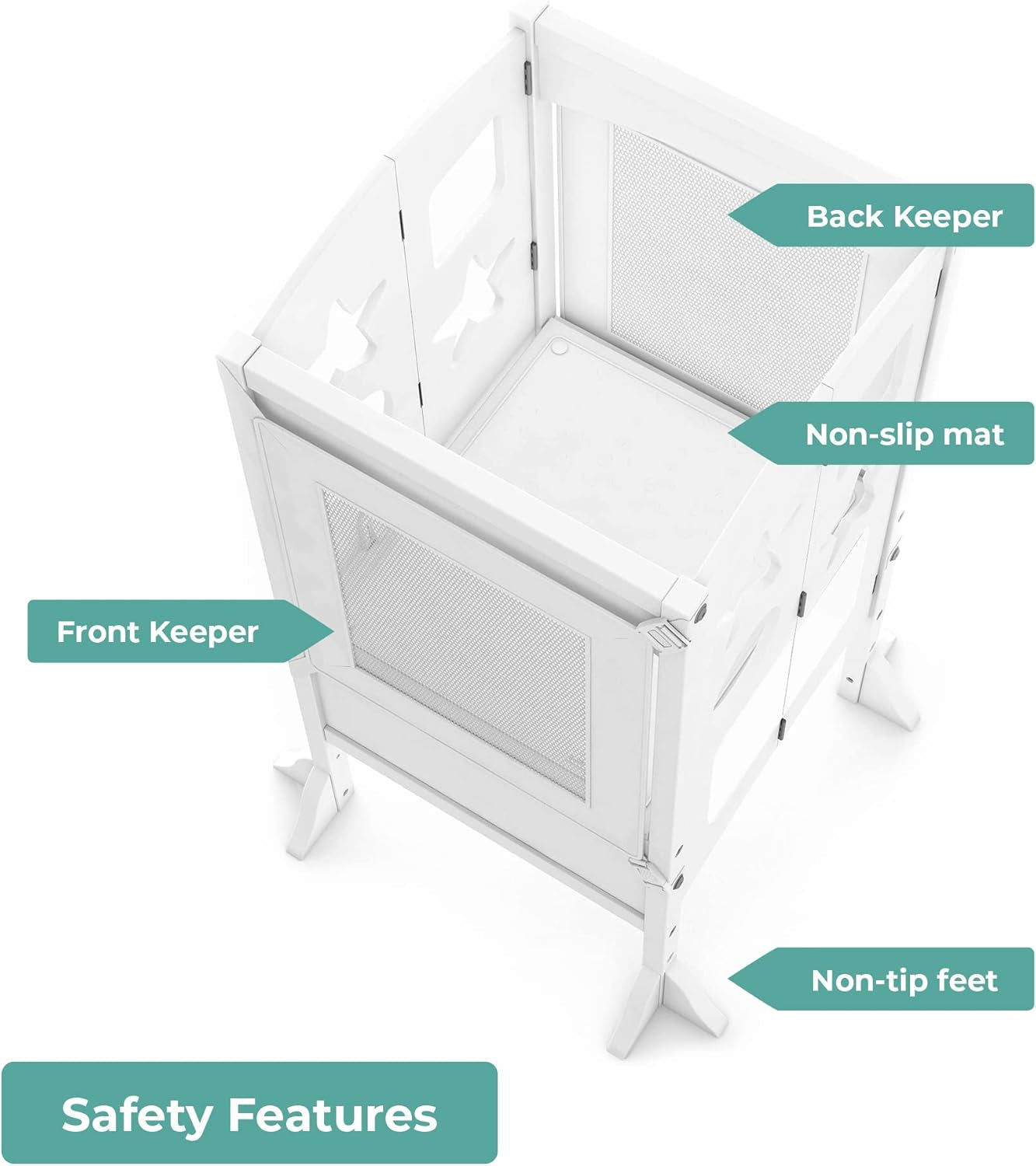 Classic Kitchen Helper® Stool - White with Keepers and Non-Slip Mat: Foldable, Adjustable Height Safety Cooking Tower for Toddlers with Chalkboard | Kids Learning Platform