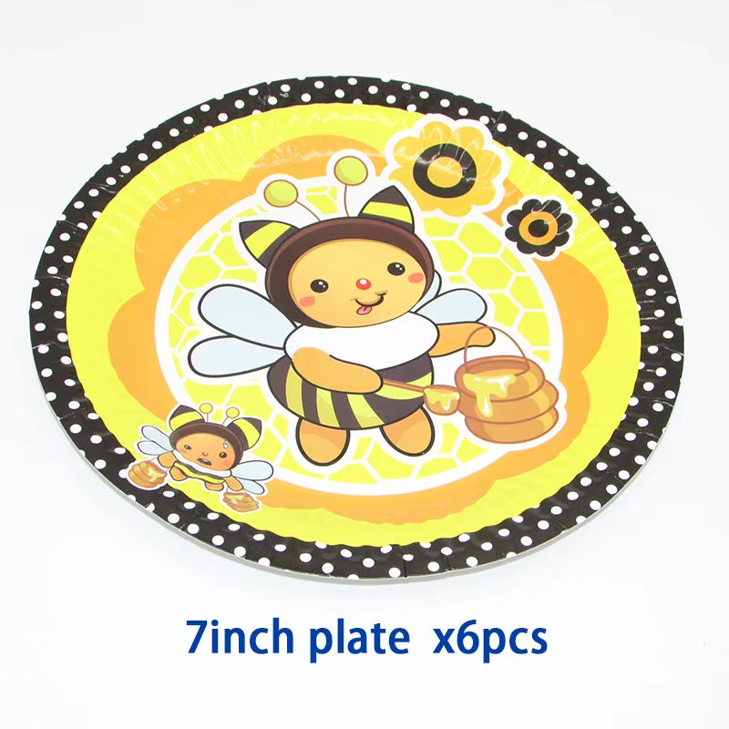 6Pcs Cartoon Bumble Bee Party Disposable Tableware Cups Plates Hats Straw Birthday Party Decorations Kids for 6 Person