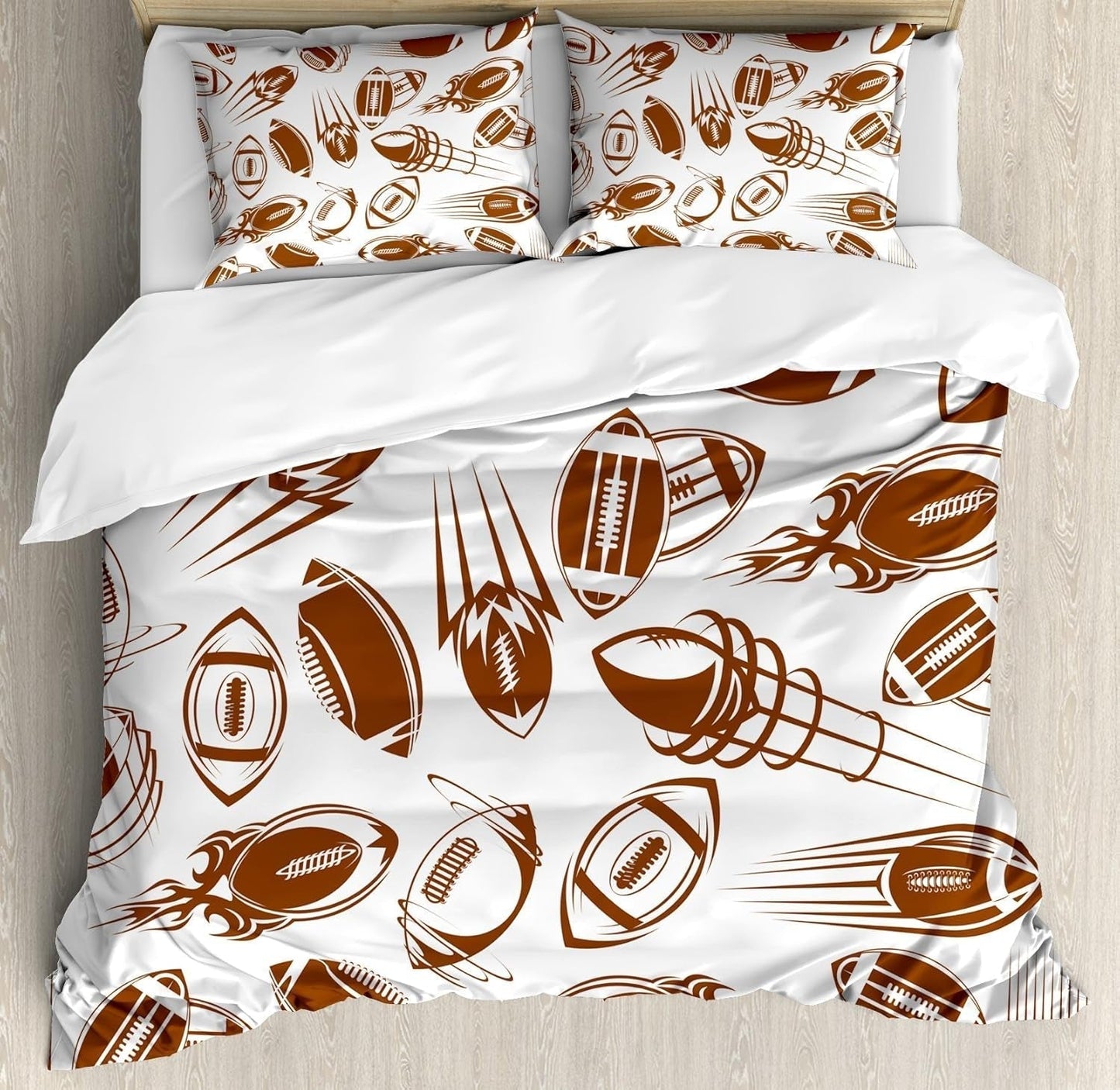 Football Duvet Cover Set, Retro Comicbook Style Flying Spinning Balls with Motion Trails Sports Competition, Decorative 3 Piece Bedding Set with 2 Pillow Shams, Queen Size, White Brown