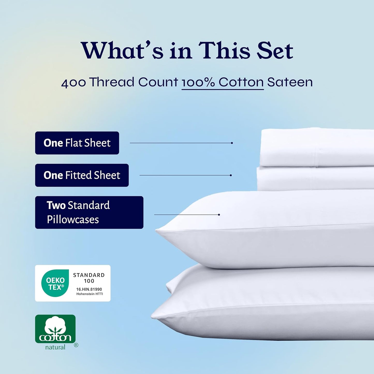 Full Size Bed Sheets, 400 Thread Count 100% Cotton Sheets Sateen, Deep Pocket Full Size Sheet Sets, Soft & Breathable Cotton Bed Sheets, Cooling Sheets Full Size Bed Set (White)