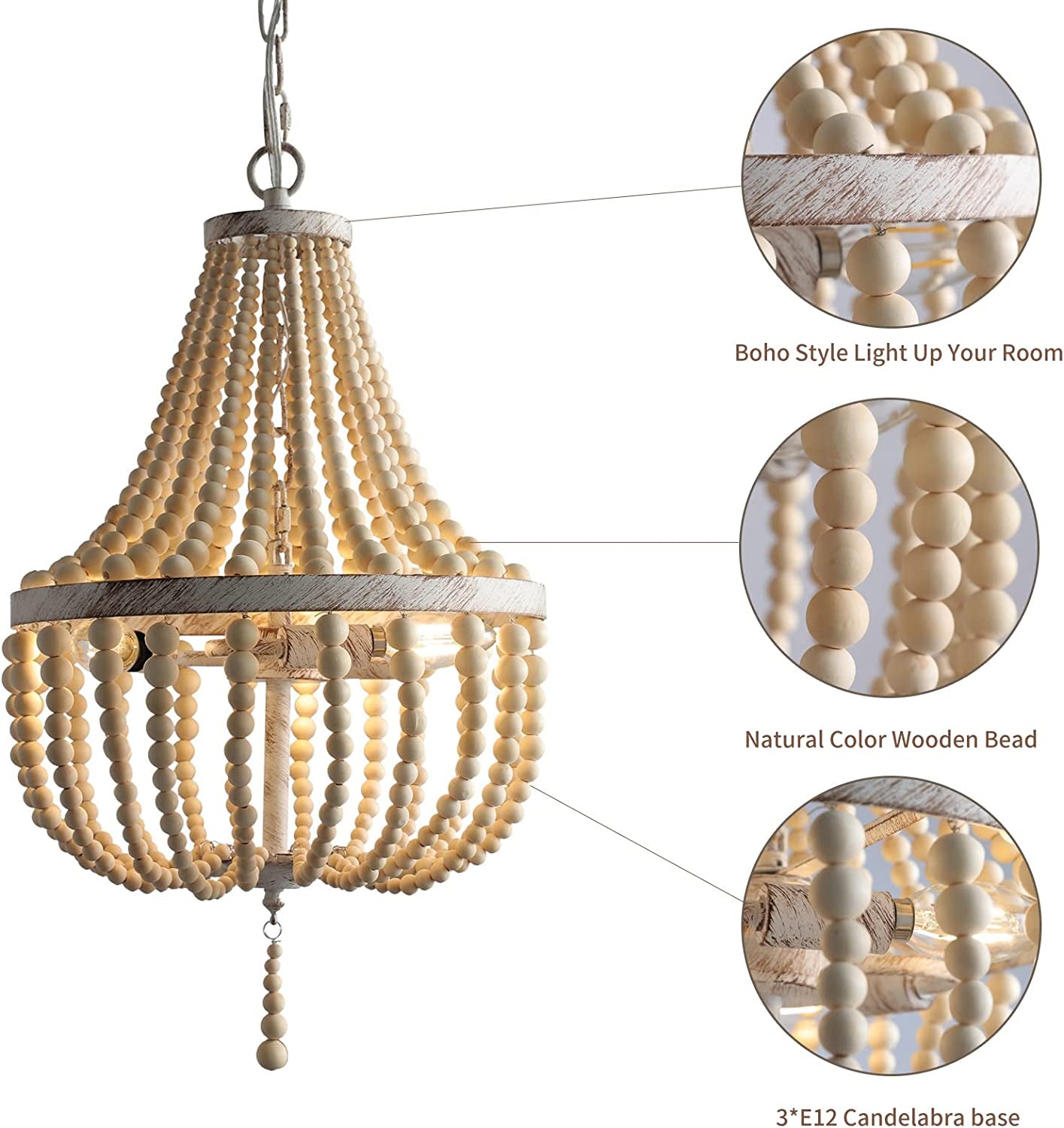 3-Light Mini Wood Beaded Bohemian Plug in Chandelier Dimmable and Timer Pendant Light Fixture with 16.4Ft Swag Cord,Antique Metal Finish Natural Color Beads,Dining Room,Living Room,Foyer,Bedroom…