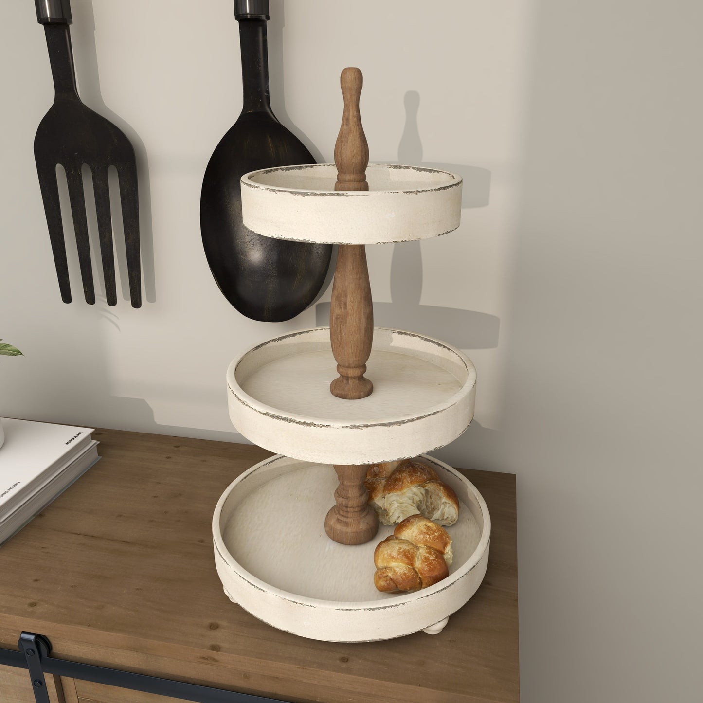 15" X 24" White Wood 3 Tiered Server, 1-Piece