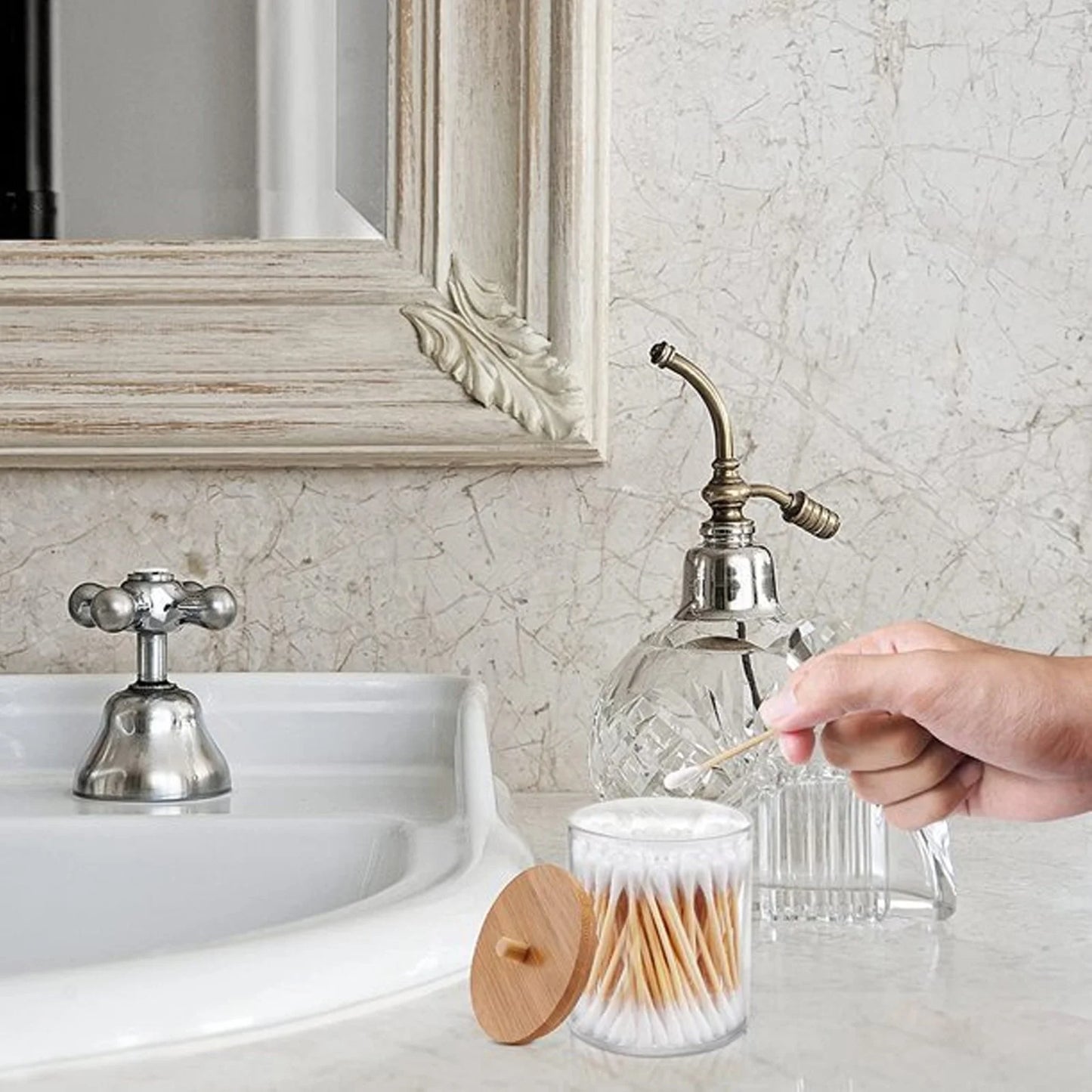 Acrylic Holder Dispenser Bathroom Jars with Lids Cotton Ball Pad round Holder for Bathroom Accessories Storage Organizer