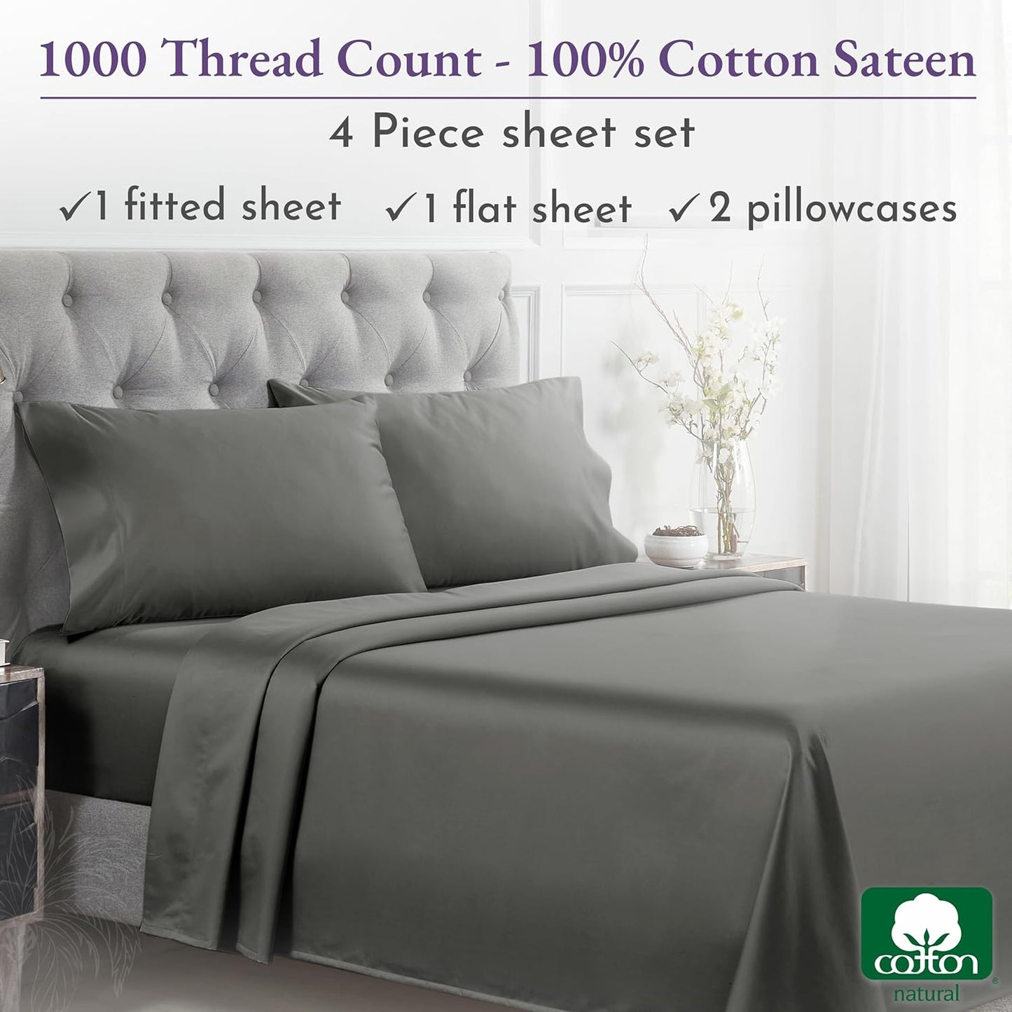 1000 Thread Count King Size Sheet Set, Winner Architectural Digest Best Sheet, Luxury 100% Cotton Sateen Bed Sheets, Softer than Egyptian Cotton (Grey)