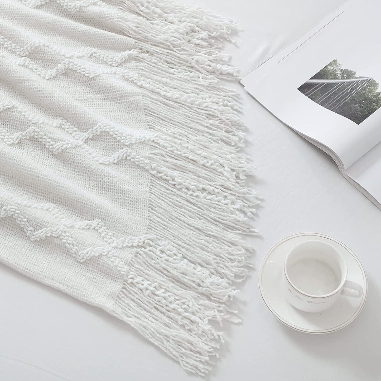 Fluffy Chenille Knitted Fringe Throw Blanket Lightweight Soft Cozy for Bed Sofa Chair Throw Blankets, Cream White 50" X 60"