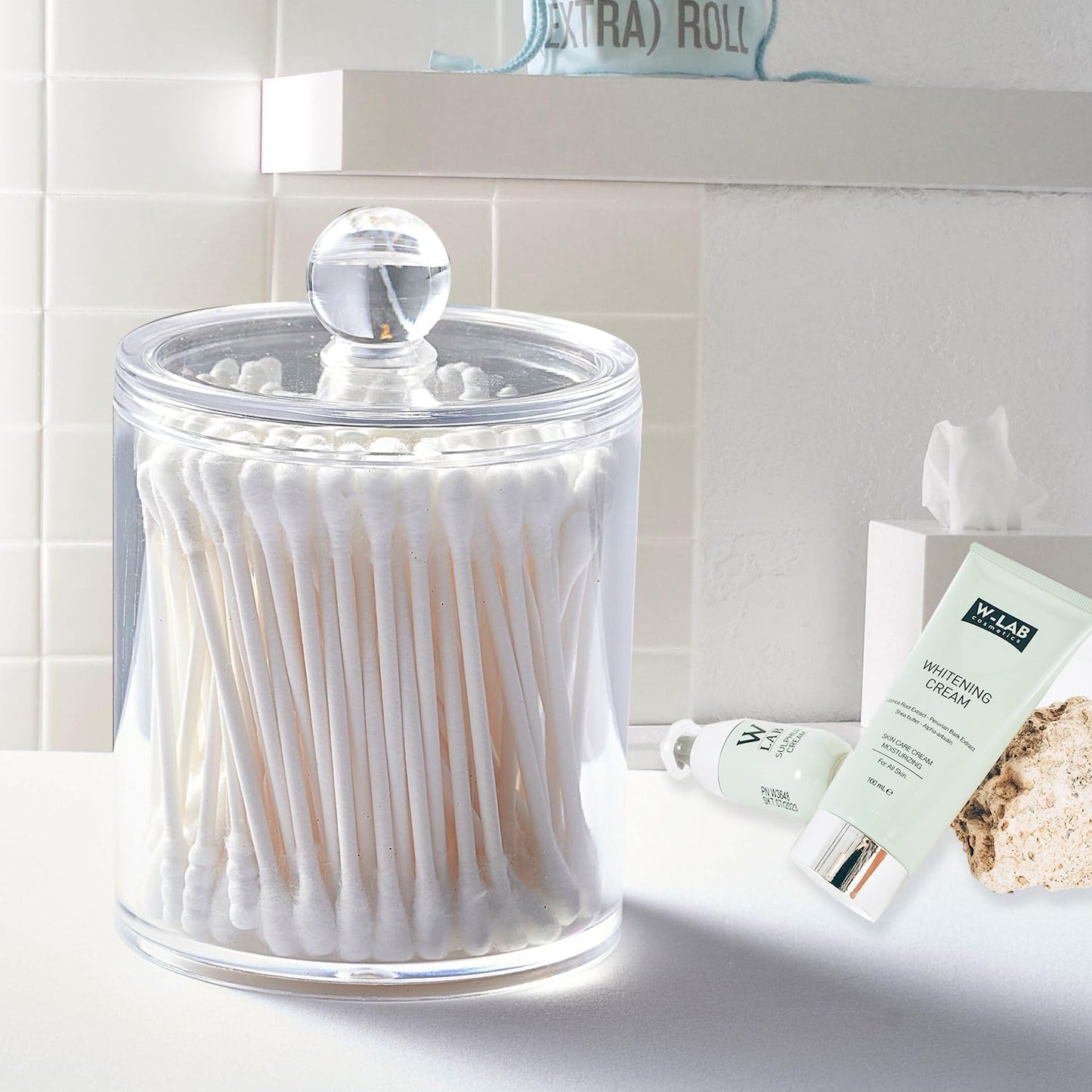 Bathroom Vanity Storage Organizer Canister Holder Apothecary Jars Set for Qtips,Cotton Balls,Swabs,Rounds,Makeup Sponges,Bath Salts,Premium Plastic Acrylic, Clear | 12Oz.And 15Oz.