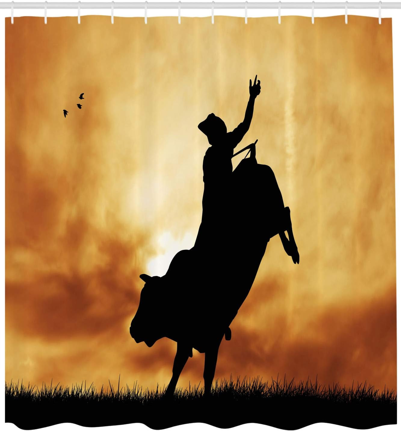 Western Shower Curtain, Bull Rider Silhouette at Sunset Dramatic Sky Rural Countryside Landscape Rodeo, Cloth Fabric Bathroom Decor Set with Hooks, 69" W X 70" L, Amber Black