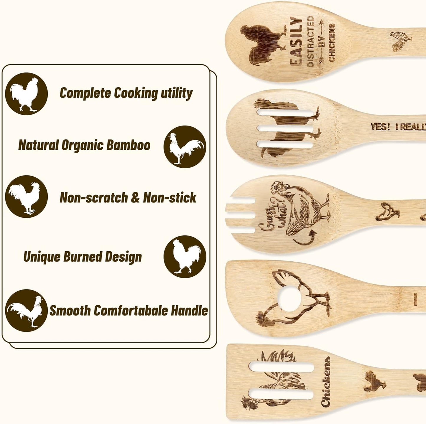 5Pcs Rooster Chicken Wooden Spoons Utensils Set Non-Stick Cooking Carve Burned