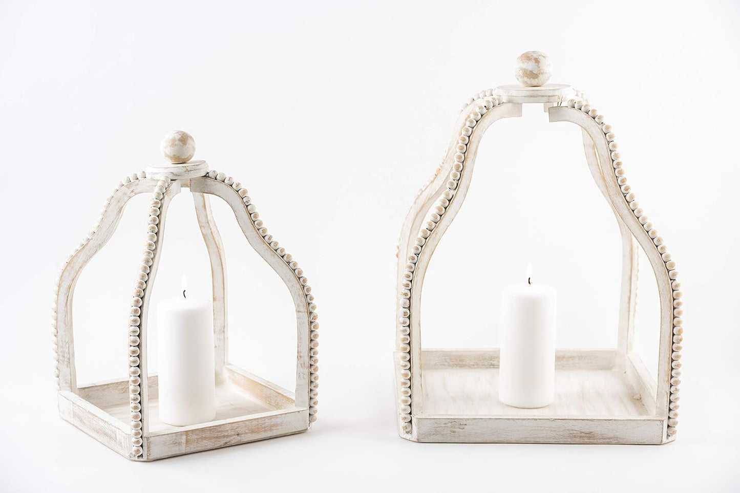 Wood Beaded Lantern Set, Distressed White WASH