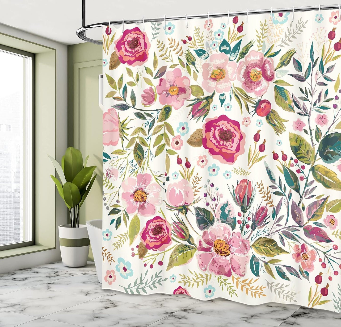 Floral Shower Curtain, Shabby Form Flowers Roses Petals Dots Leaves Buds Spring Season Theme Image, Cloth Fabric Bathroom Decor Set with Hooks, 69" W X 70" L, Magenta