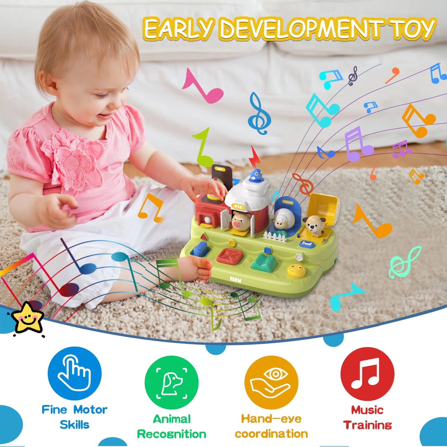 Baby Toys for 12 24 Months, Montessori Cause and Effect Toys, Musical Farm Toys, Learning Toys for 1 2 3 Year Old Girls Boys