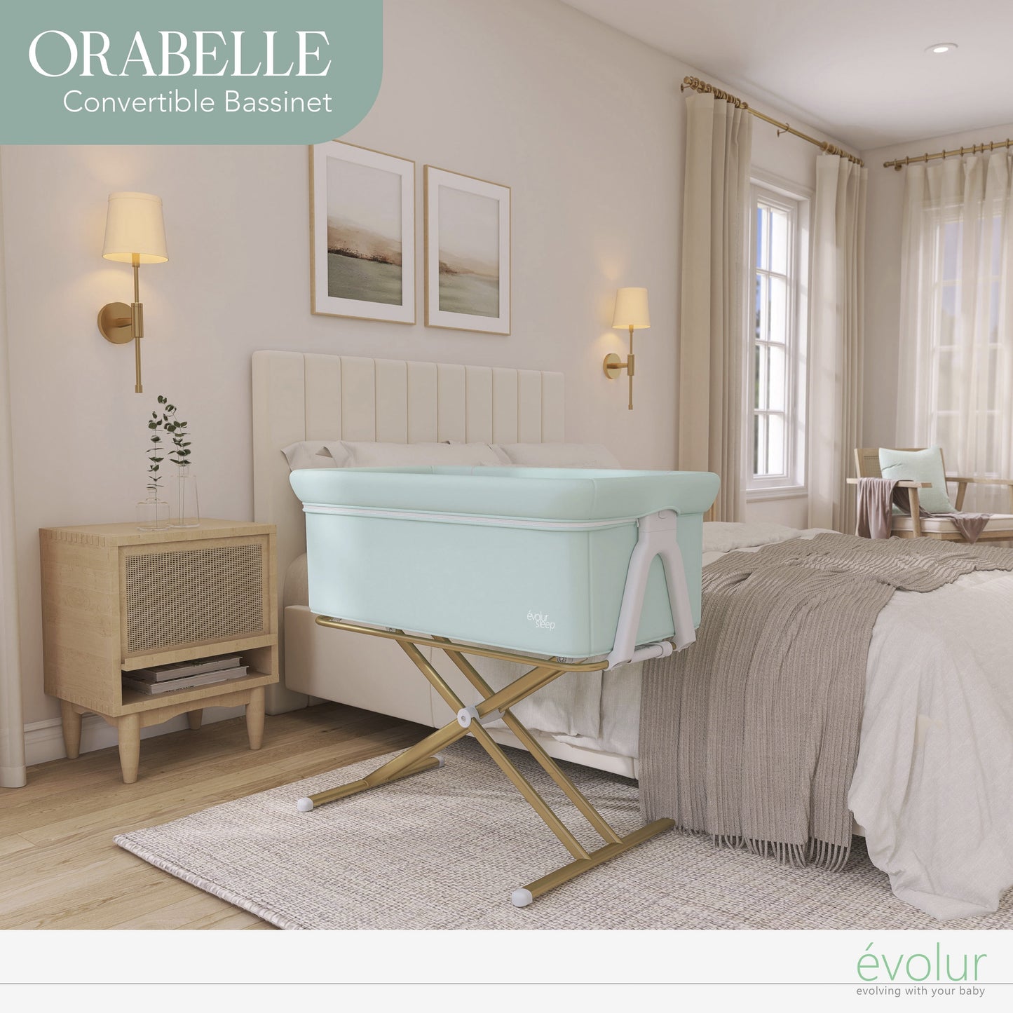 Orabelle Bedside Bassinet and Sleeper for Baby in Mint, Easy to Fold and Carry