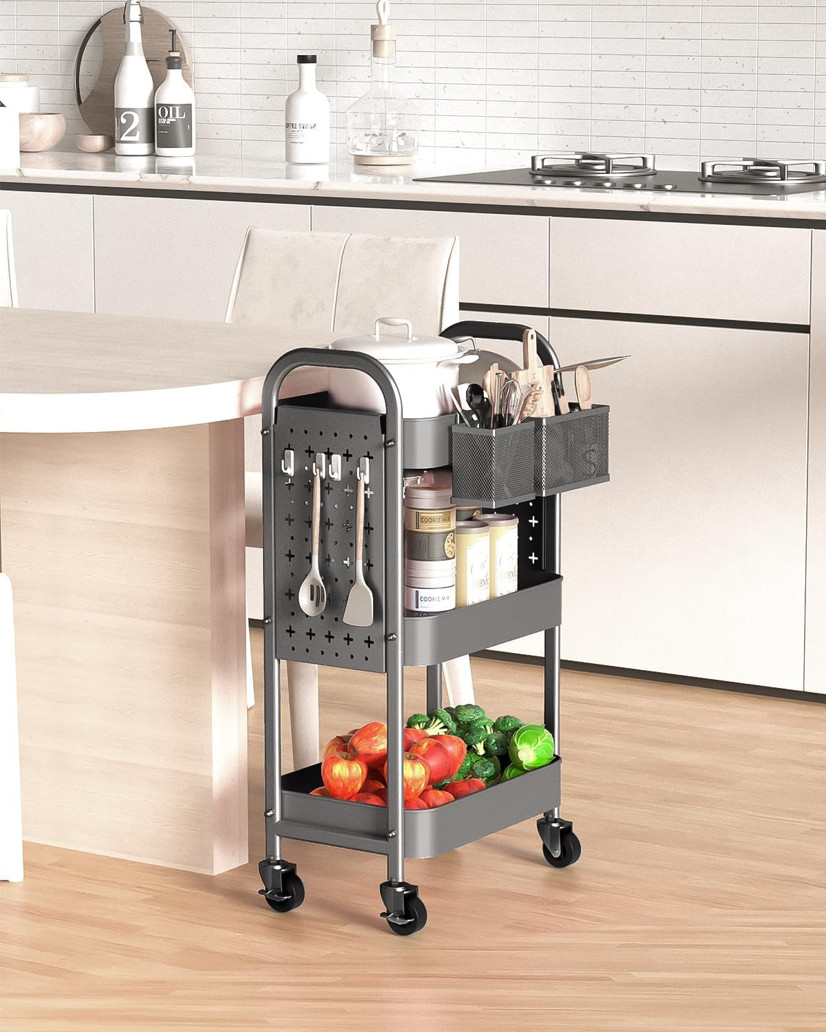 3 Tier Rolling Cart with DIY Pegboards Metal Utility Cart with Wheels Handles Baskets Hooks, Storage Cart for Office Kitchen Bathroom(Gray)