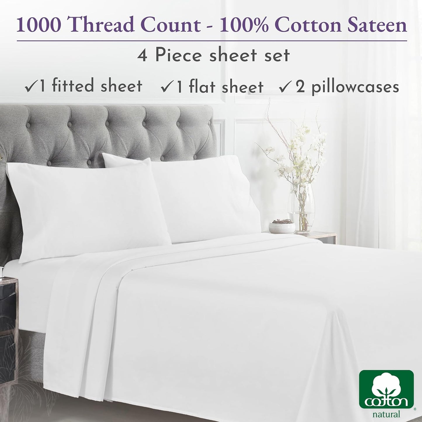 1000 Thread Count Queen Size Sheet Set, Winner Architectural Digest Best Sheet, Luxury 100% Cotton Sateen Bed Sheets, Softer than Egyptian Cotton (White)