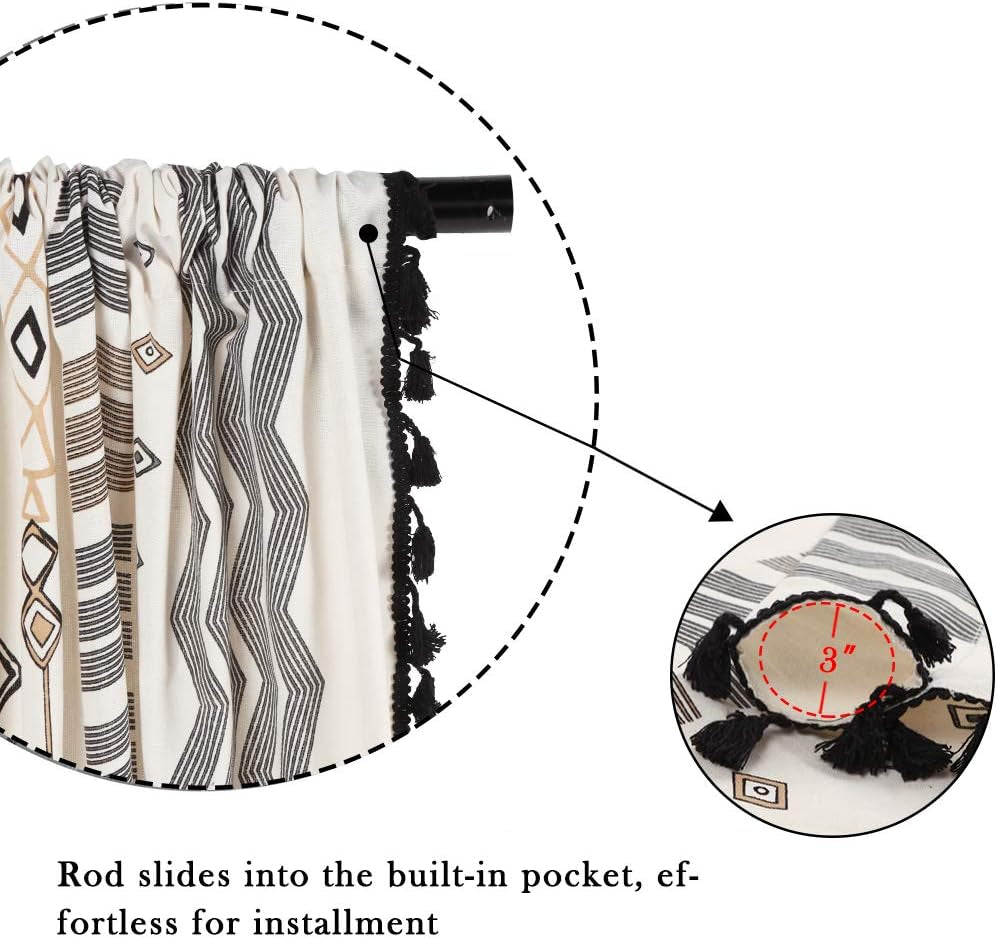 Boho Curtains 2 Panels Geometric Light Filtering Semi-Blackout Window Cotton Linen Patterned Western Curtains with Black Tassel Rod Pocket Drapes for Living Bedroom, 59W X 63L Inch, 1 Pair
