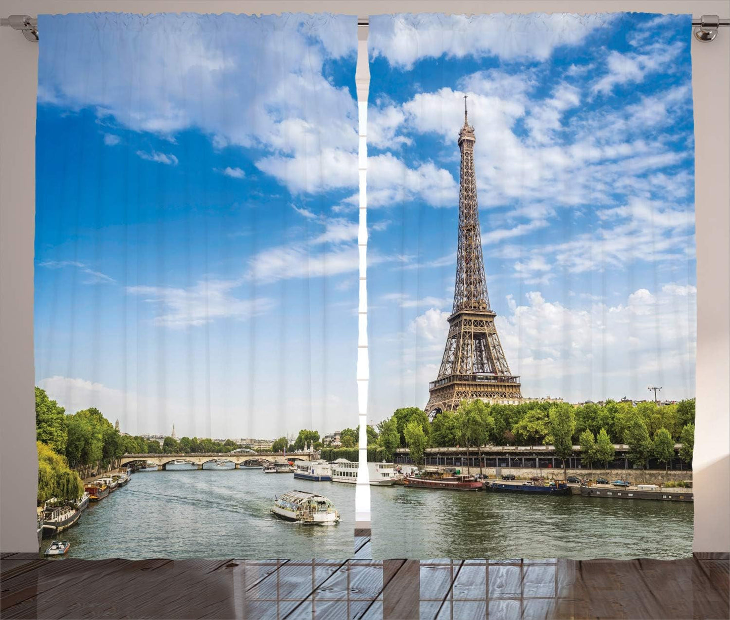 Eiffel Tower Curtains, Summer Historic Architecture View from a Low Angle with Seine River France Holiday Destination, Living Room Bedroom Window Drapes 2 Panel Set, 108" X 84", Green Blue